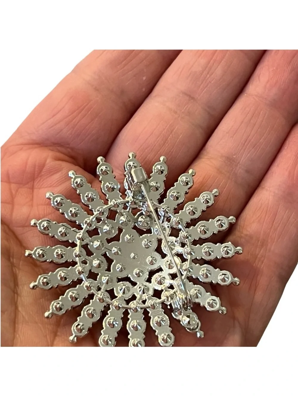 Sterling Silver Black Crystal & White Pearl Sunburst Brooch FINAL PRICE DROP